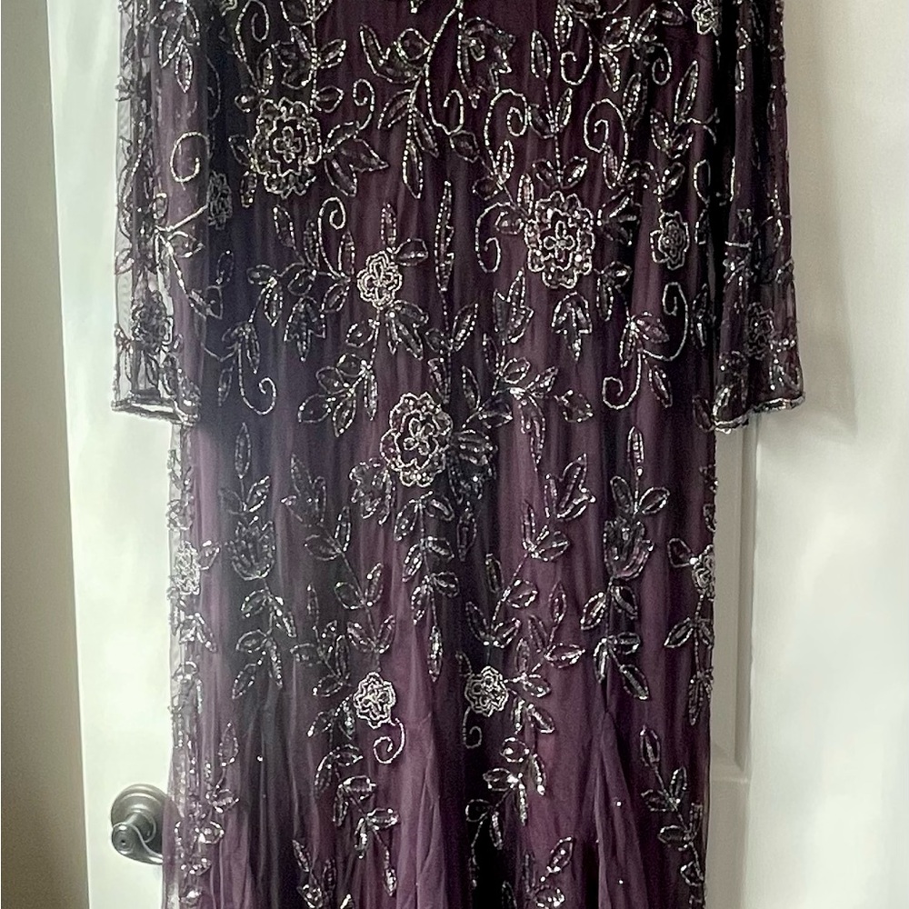 Pisarro Nights Eggplant Mother of The Bride 16W Midi Gown with Bishop Sleeves